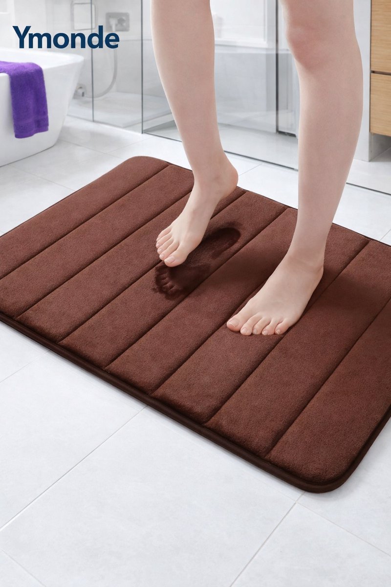 Chocolate brown anti-slip bath mat with vertical stripes pattern from Ymonde