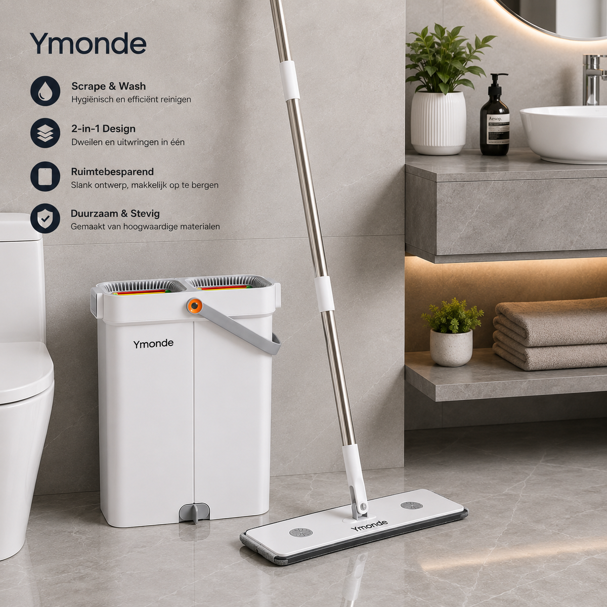 DuoDry Mopp-Set – 2-in-1-Mopp mit selbstauswringendem Eimer | Ymonde