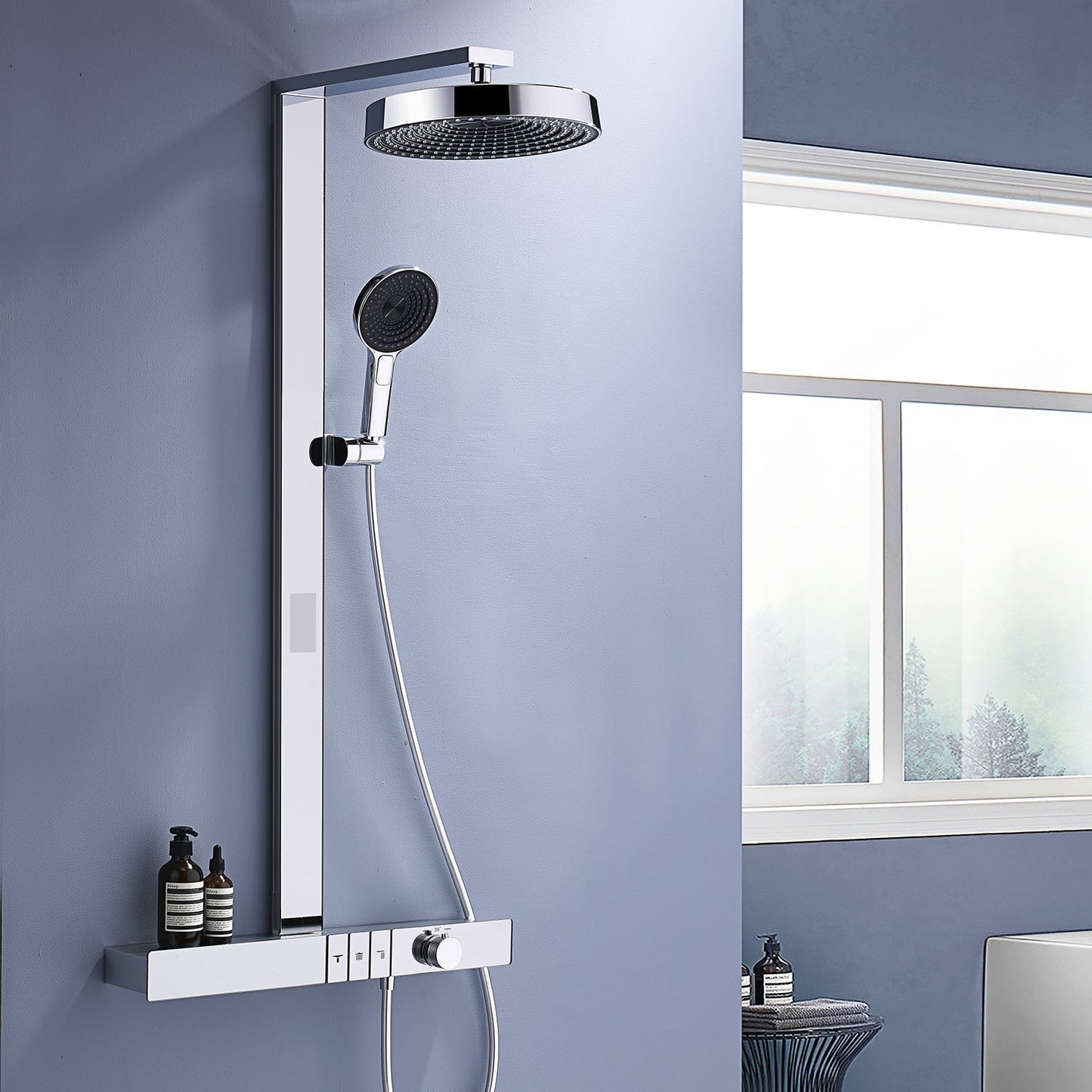 ChromeFlow Surface-mounted Rain Shower - Thermostatic Shower Set Chrome | Ymonde