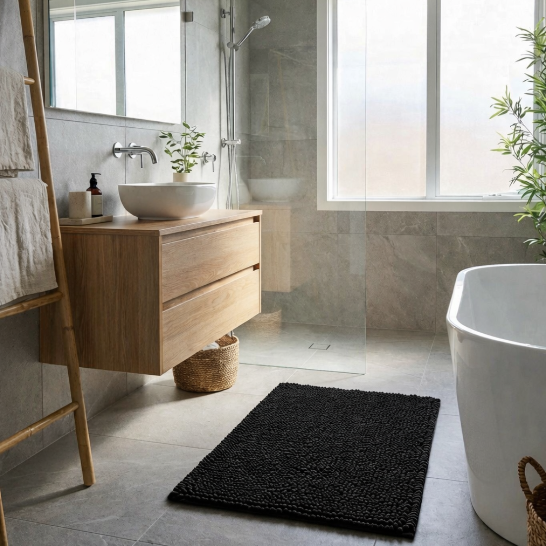 Musta kylpymatto 90×60 cm – Liukumaton ja imukykyinen – Kylpyhuonematto