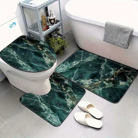 Chic Three-piece Bath Mat Set with Gold Accents | Ymonde