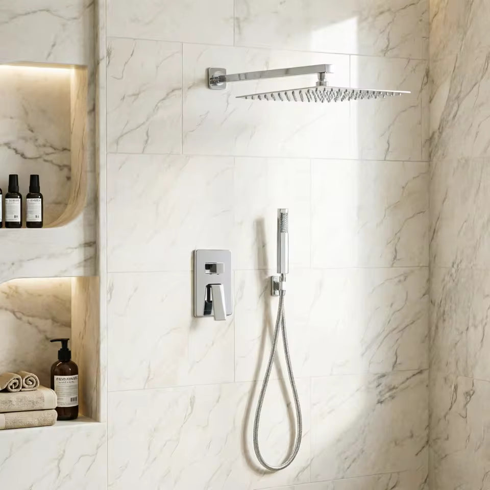 Ensemble de douche thermostatique encastrable SilverNest avec douche à effet pluie et douchette à main | Ymonde
