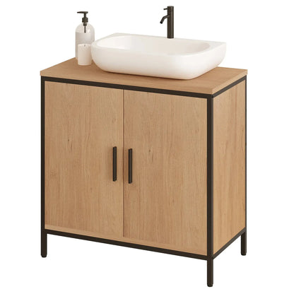 OakEdge Modern Washbasin Cabinet 60×60×30 cm – Light Oak & Black Frame