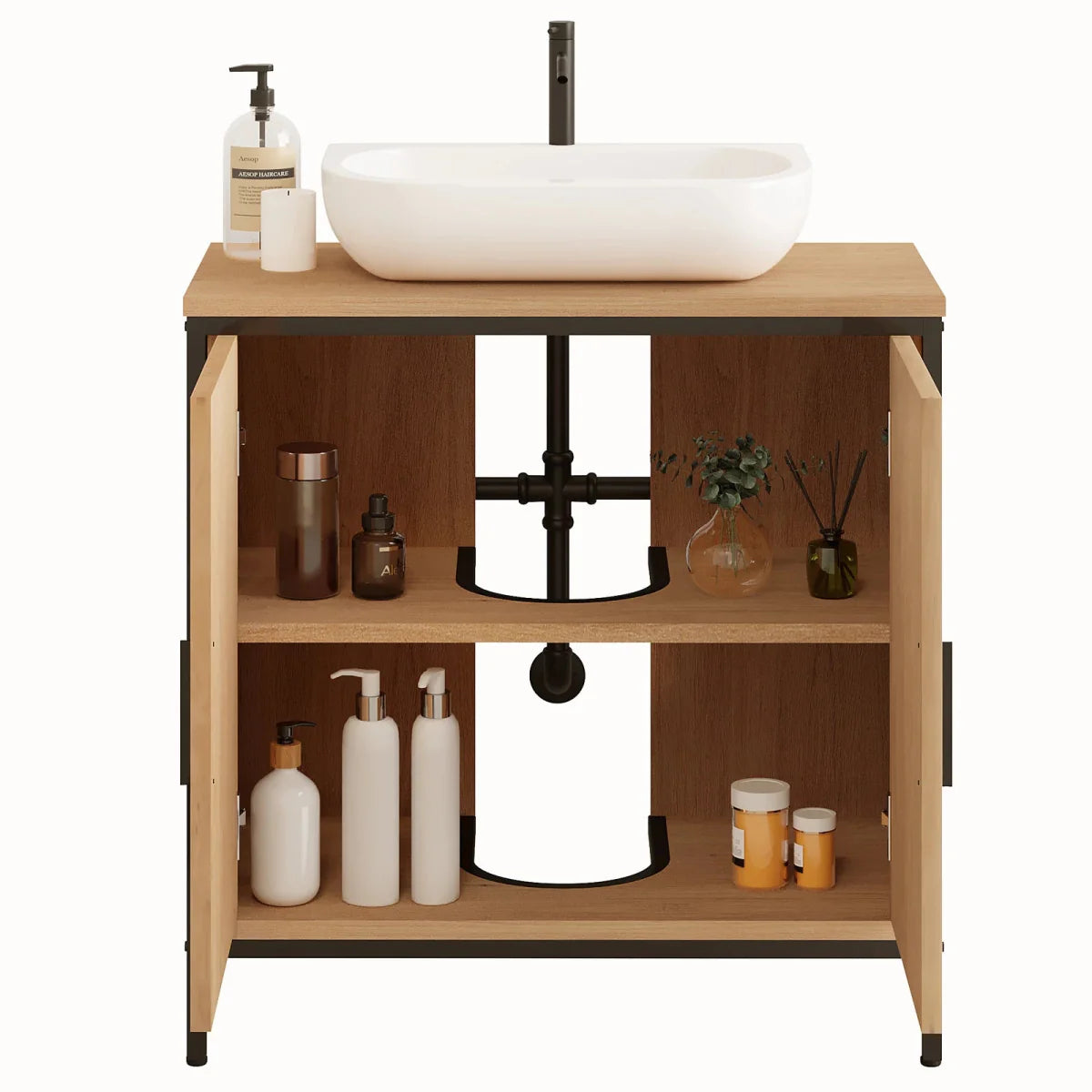 OakEdge modern washbasin furniture 60×60×30cm with black metal frame and light oak finish with open cabinets