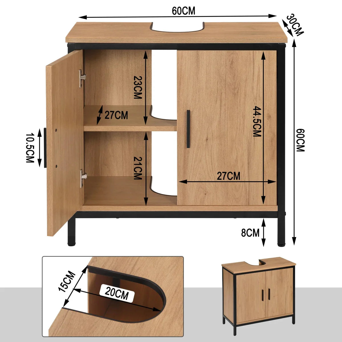 OakEdge modern washbasin furniture 60×60×30cm with black metal frame and light oak finish dimensions