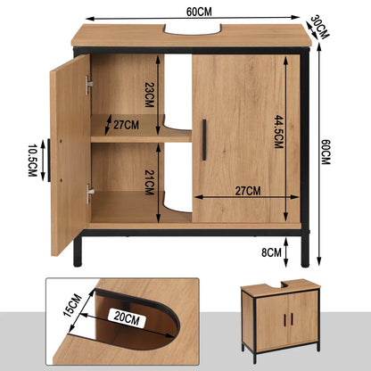 OakEdge modern washbasin furniture 60×60×30cm with black metal frame and light oak finish dimensions