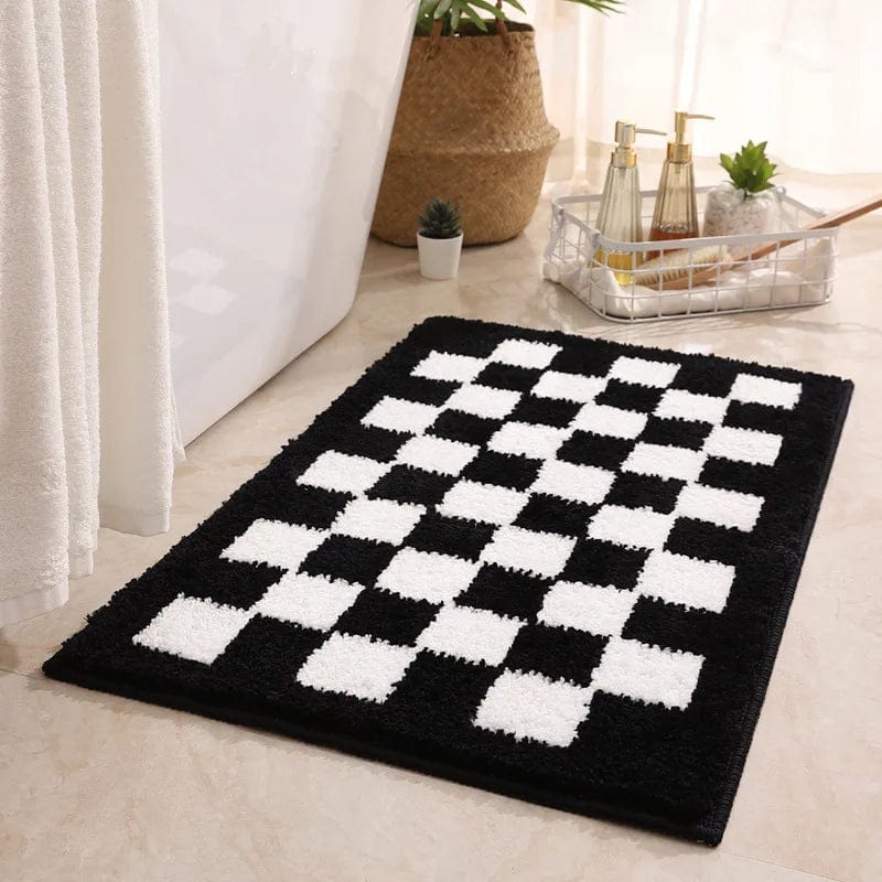 ChessMath black and white checkered bath mat with checkerboard pattern for the bathroom