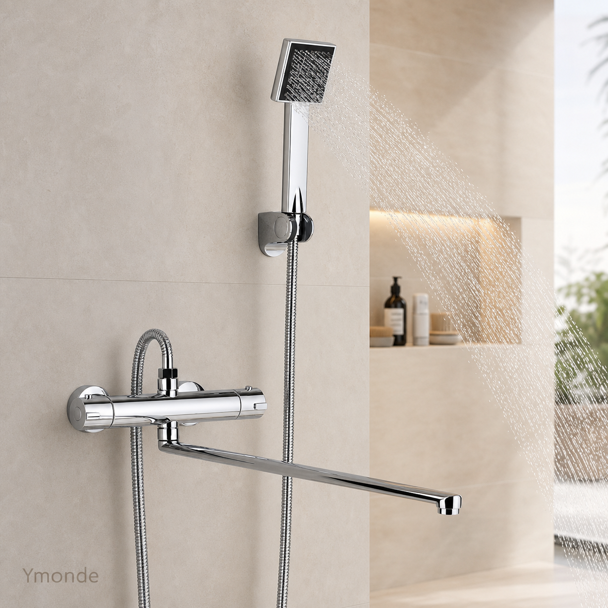 Set doccia termostatico ChromeClean in cromo con rubinetto doccia con bocca girevole lunga di Ymonde
