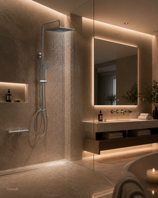 ChromeSense chrome shower set with a rain shower and a hand shower from Ymonde in a warm bathroom