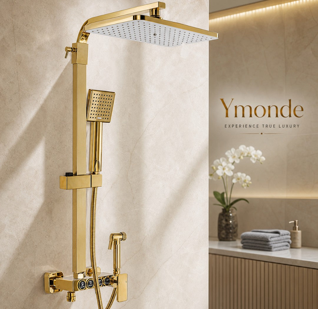 Surface-mounted GoldFlow gold-colored shower set with rain shower, hand shower and bidet spray for a luxurious bathroom