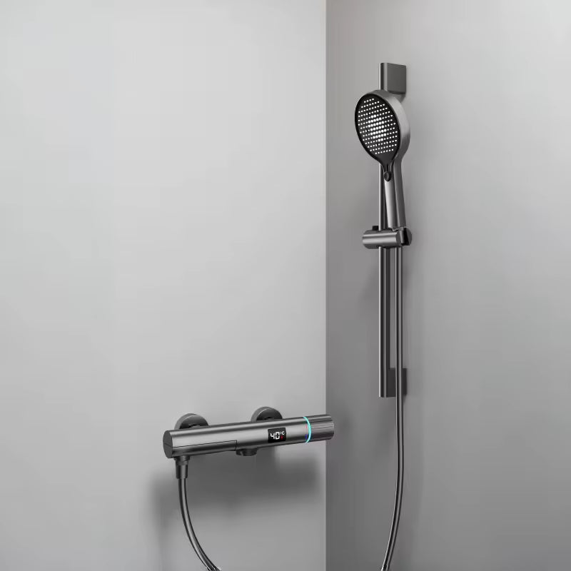 GraySpray gray surface-mounted shower set with mixer tap, display and folding tap from Ymonde