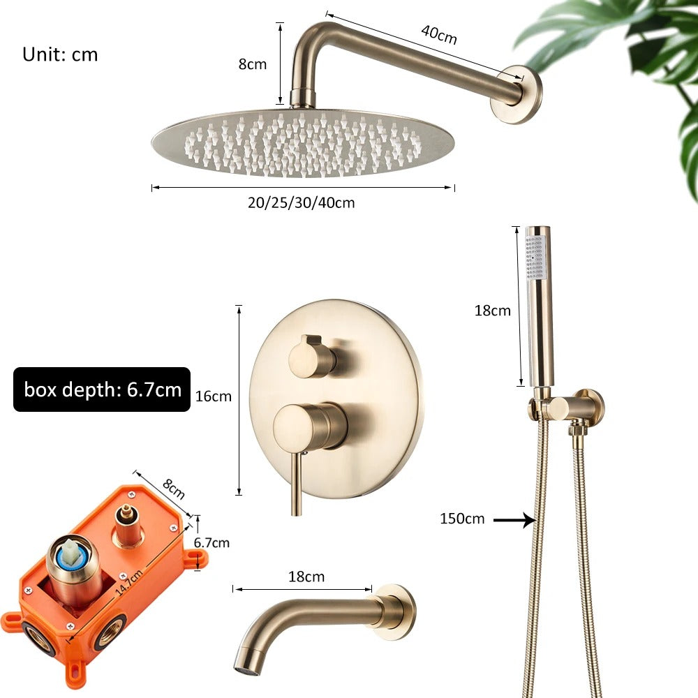 Built-in Rain Shower Set With Hand Shower - Brass Shower Faucet Brushed Gold