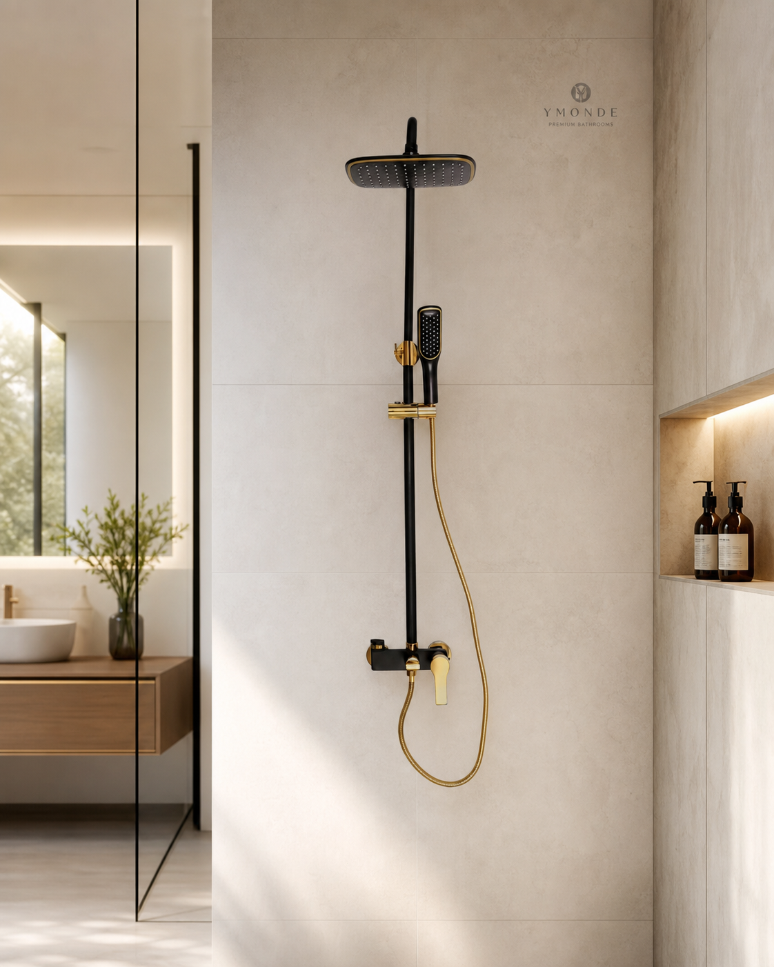 NoirFlash thermostatisches Aufputz-Duschset in Schwarz und Gold mit Regenbrause und Handbrause von Ymonde