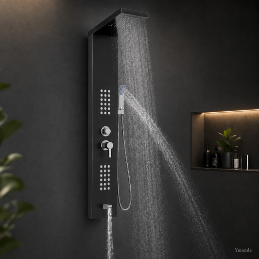 NoirPanel black built-in shower column with rain shower and hand shower from Ymonde