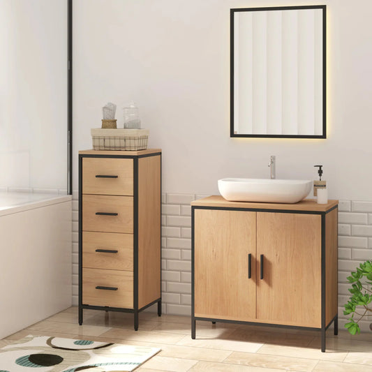 OakEdge modern wastafelmeubel 60×60×30 cm met zwart metalen frame en licht eiken afwerking