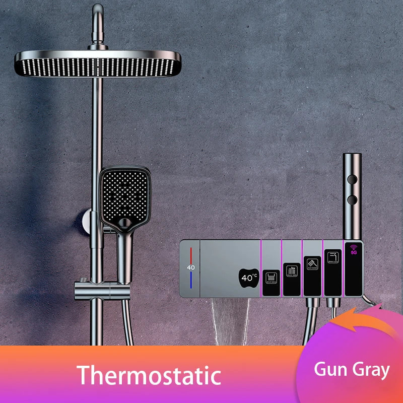 OnyxRain System digital thermostatic shower with LED display and rain shower from Ymonde in a luxurious bathroom