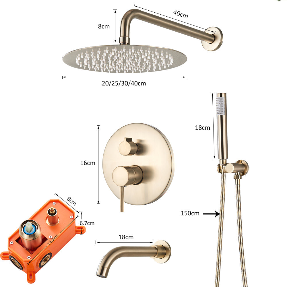 Built-in Rain Shower Set With Hand Shower - Brass Shower Faucet Brushed Gold