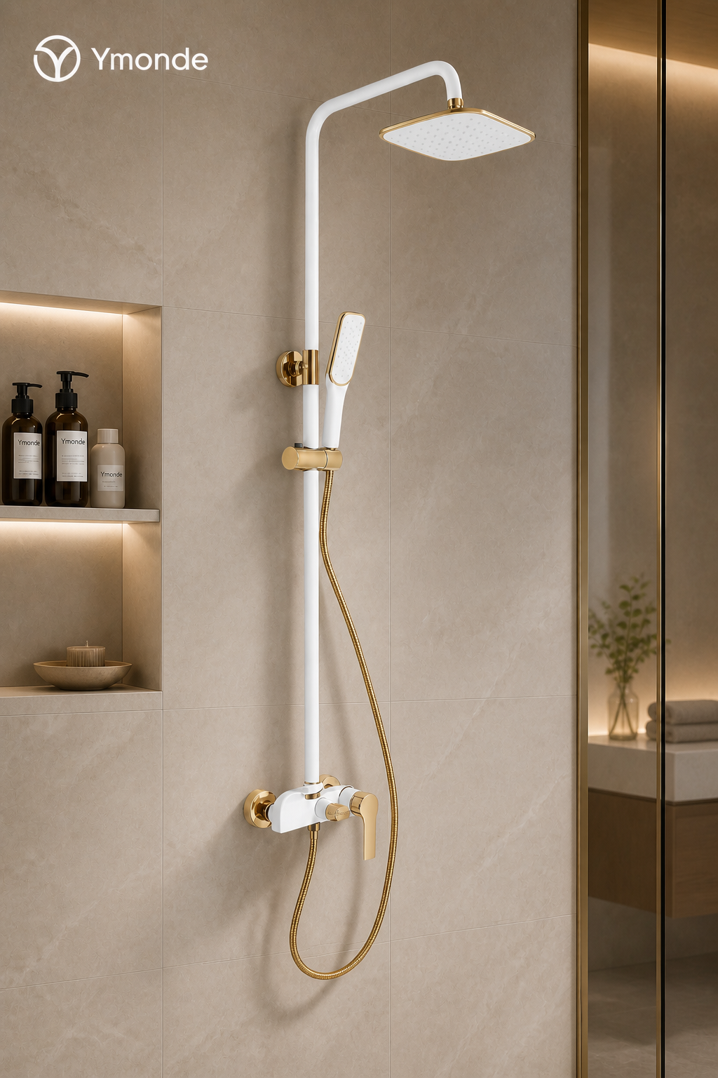 ShinyFlow luxe thermostatische doucheset in wit en goud met regendouche en handdouche van Ymonde