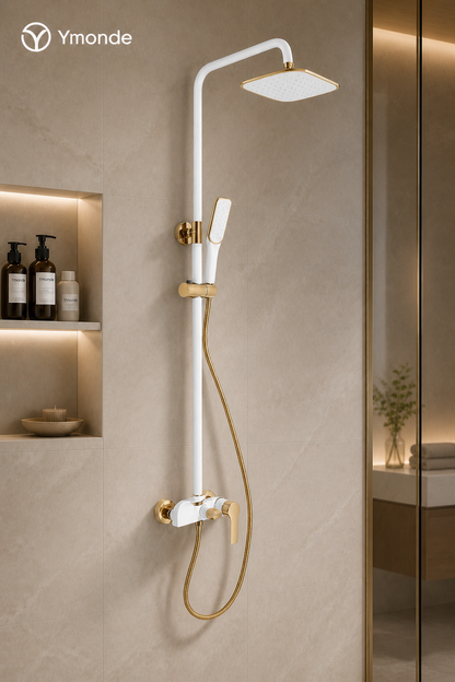 ShinyFlow luxe thermostatische doucheset in wit en goud met regendouche en handdouche van Ymonde