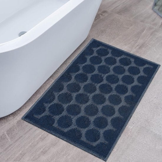 Donkerblauwe badmat met stippen 40x60 en 50x120 cm katoen antislip van Ymonde