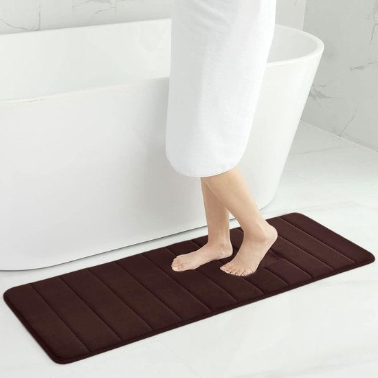 Long coffee brown memory foam bath mat, softly absorbent with anti-slip from Ymonde